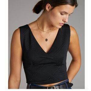 ANTHROPOLOGY Maeve Button-Side Crop Top V-Neck Sleeveless Black Size Small